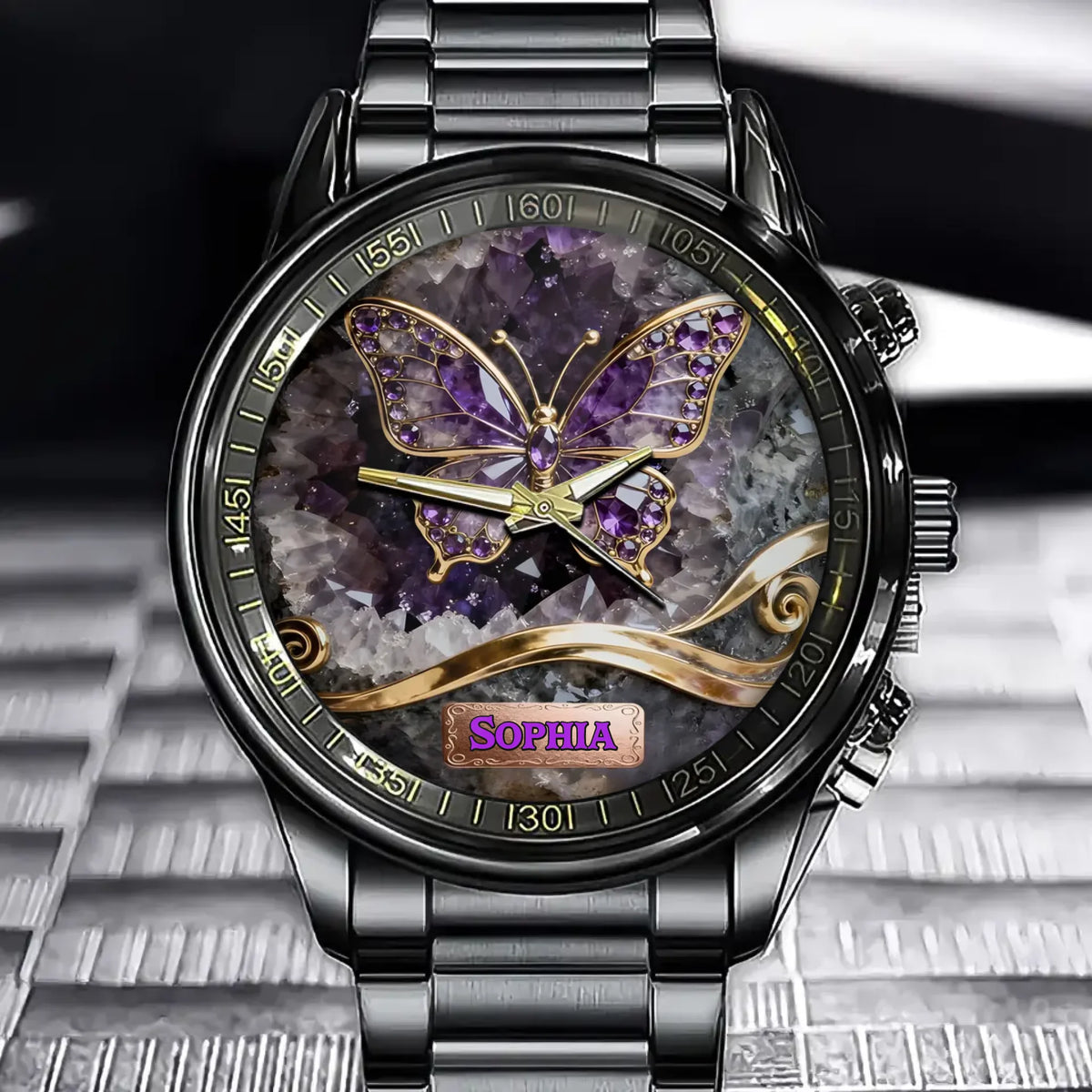 Personalized Crystal Butterfly Embellished Watch – Glowing Butterfly Adorned With Natural Gemstones