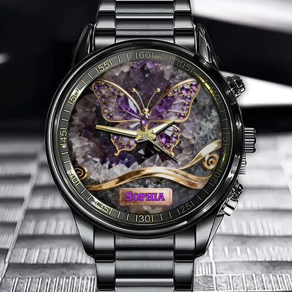 Personalized Crystal Butterfly Embellished Watch – Glowing Butterfly Adorned With Natural Gemstones