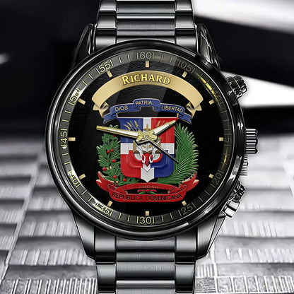 Personalized Dominican Republic National Emblem Watch - "DIOS. PATRIA. LIBERTAD" & Laurel Wreath Detailed Design with Custom Name