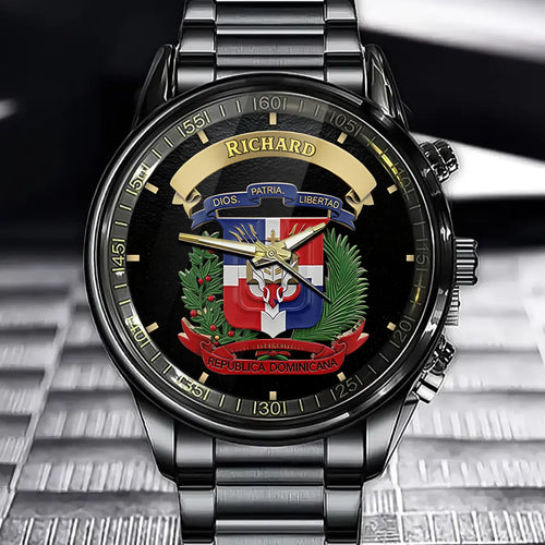 Personalized Dominican Republic National Emblem Watch - "DIOS. PATRIA. LIBERTAD" & Laurel Wreath Detailed Design with Custom Name