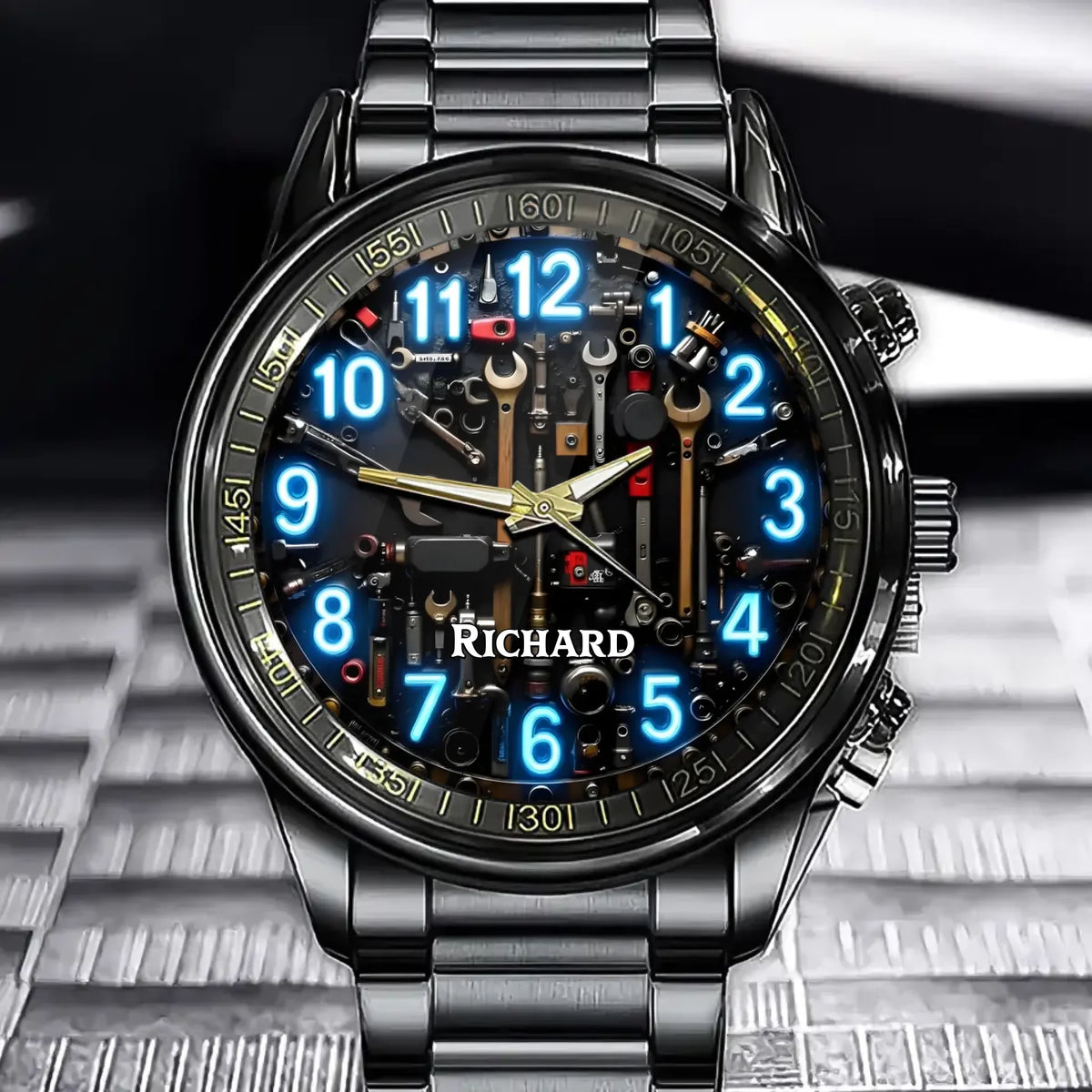 Personalized Tool Workshop Watch - Station & Glowing Number Theme with Custom Name