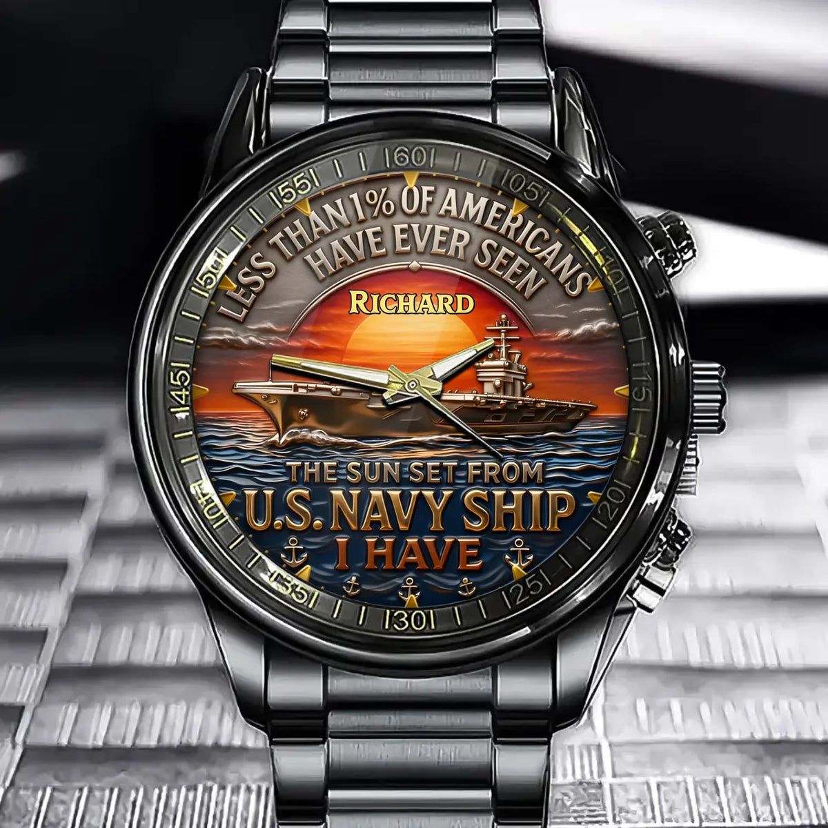 Personalized Us Navy Ship-Themed Watch - Sunset Naval Ship Style Watch With Customizable Names