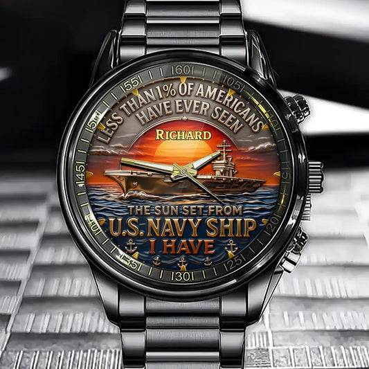 Personalized Us Navy Ship-Themed Watch - Sunset Naval Ship Style Watch With Customizable Names