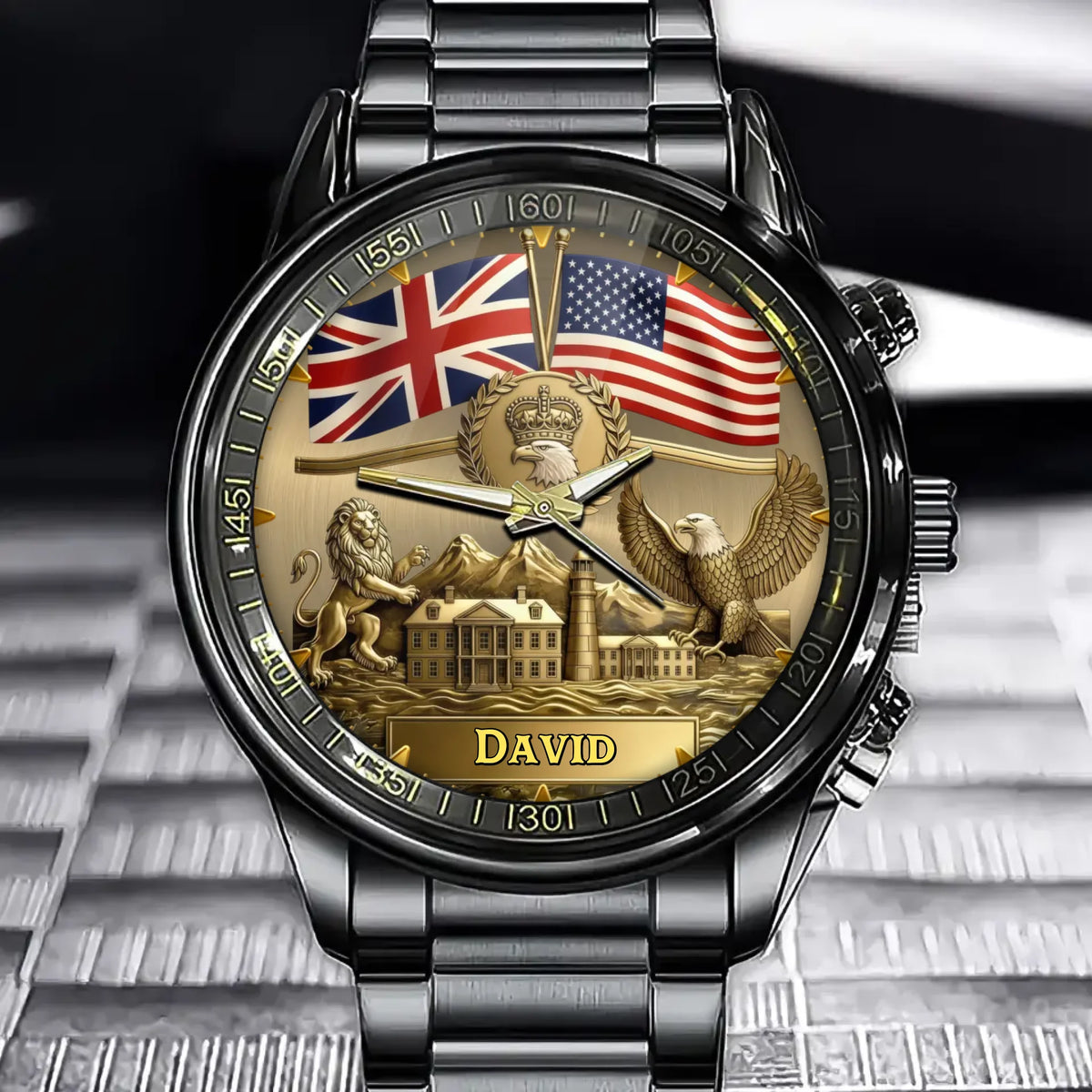 Personalized Dual Flags Watch with Custom Lion and Eagle Design for British Americans