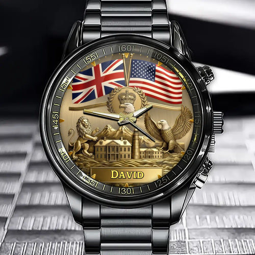 Personalized Dual Flags Watch with Custom Lion and Eagle Design for British Americans