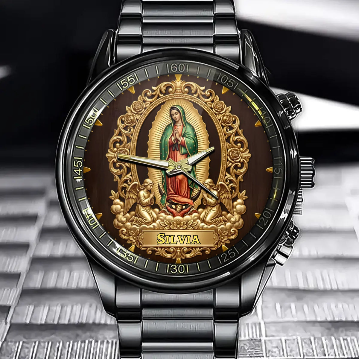 Personalized Our Lady of Guadalupe Watch – Custom Name, Elegant Religious Motif