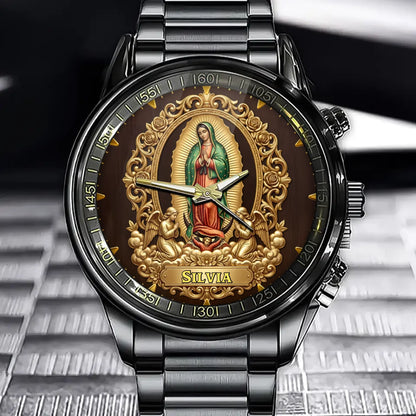 Personalized Our Lady of Guadalupe Watch – Custom Name, Elegant Religious Motif