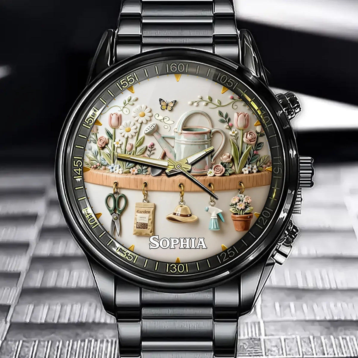 Personalized Gardening Themed Watch - Floral & Tool Motif Design with Custom Name