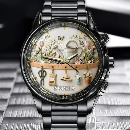 Personalized Gardening Themed Watch - Floral & Tool Motif Design with Custom Name