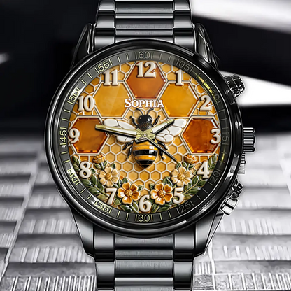 Personalized Bee & Honeycomb Themed Watch - Nature-Inspired Motif Design with Custom Name