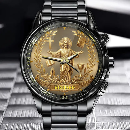 Personalized Christian Faith Gift Watch - Religious Symbol Detail Design with Custom Name