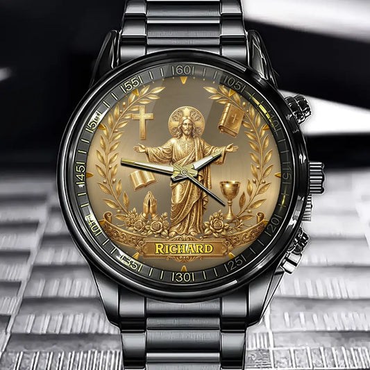 Personalized Christian Faith Gift Watch - Religious Symbol Detail Design with Custom Name