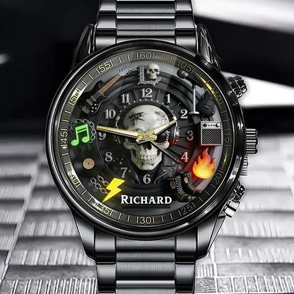 Personalized Rock Punk Watch - Skull & Music Gear Design with Custom Name