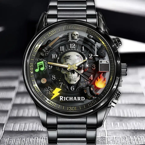Personalized Rock Punk Watch - Skull & Music Gear Design with Custom Name