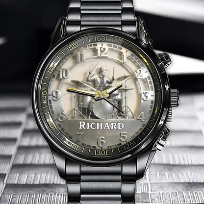 Personalized Drum Player Themed Watch – Custom Name  & Realistic Drumming Scene Design