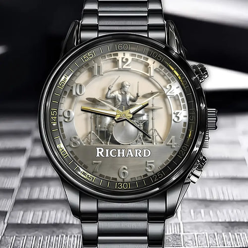Personalized Drum Player Themed Watch – Custom Name  & Realistic Drumming Scene Design
