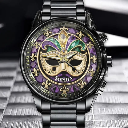 Personalized Mardi Gras Festive Watch – Custom Name & Intricate Mask Motif Design