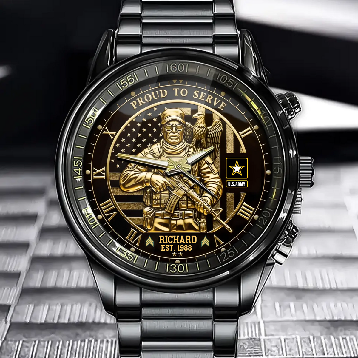 Personalized Veteran Proud To Serve Watch –  Patriotic Soldier Design