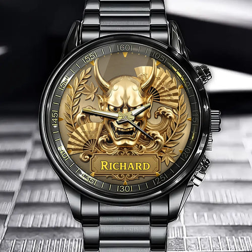 Personalized Oni Warrior Watch – Custom Name, Japanese Mythic Golden Design