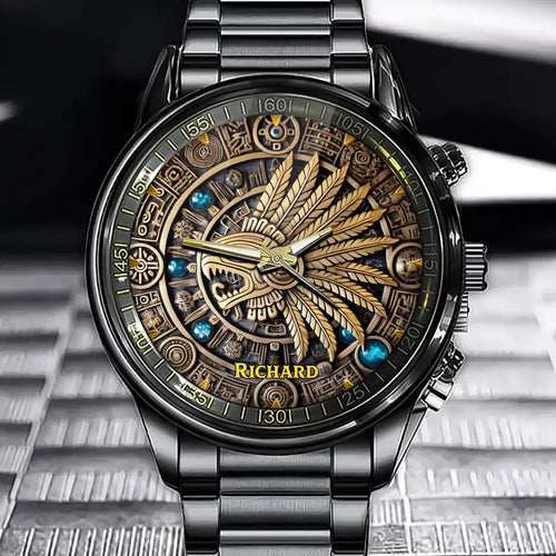 Personalized Aztec Sun Totem Watch – Custom Name Vintage Bronze