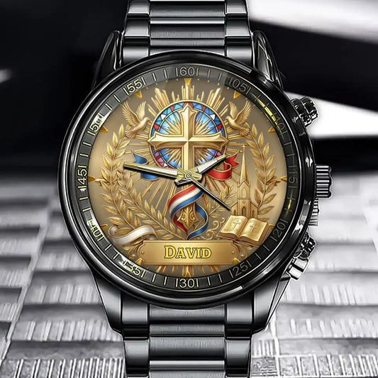 Personalized Christian Cross Watch - Engravable Faith Tribute Timepiece