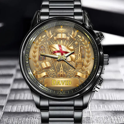 Personalized Christian Cross Flag Watch - Reflects Your Faith, Add Your Name