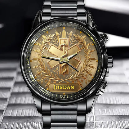 Personalized Medical Watch - Star Of Life Pattern With Customizable Name