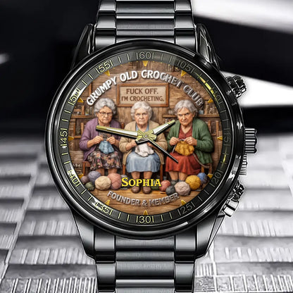 Personalized Grumpy Old Crochet Club Watch with Name Customization