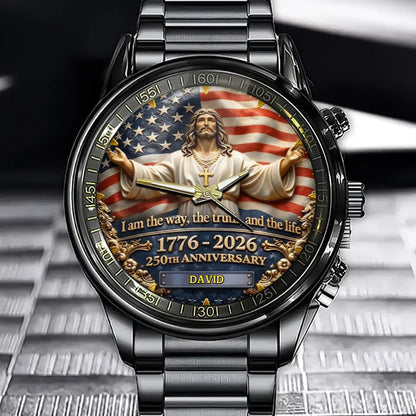 Personalized Jesus Christ & USA Flag Watch - 1776-2026 250th Anniversary Edition - Custom Name