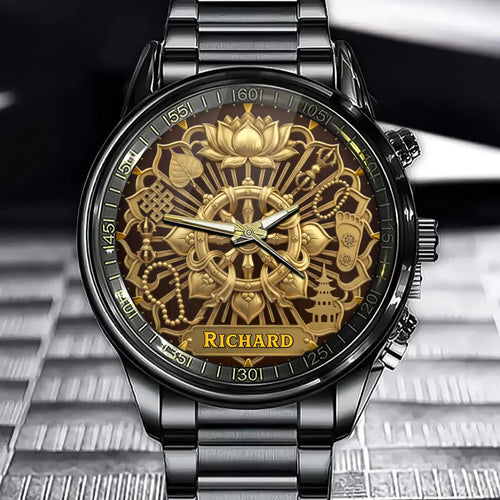 Personalized Buddhist Zen Watch - Dharma Wheel & Lotus