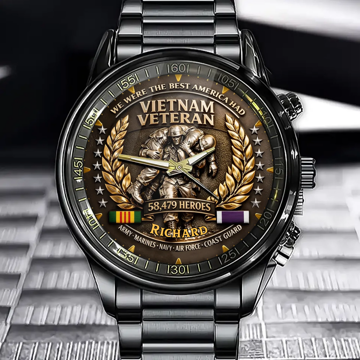 Personalized Veteran Tribute Watch - Custom Name Patriotic Flag Background Design