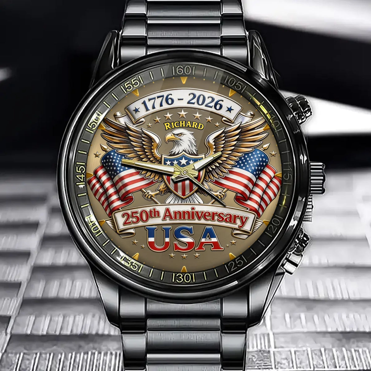 Personalized Patriotic 250 Anniversary Style Watch - Custom Name Eagle & Flags Crest