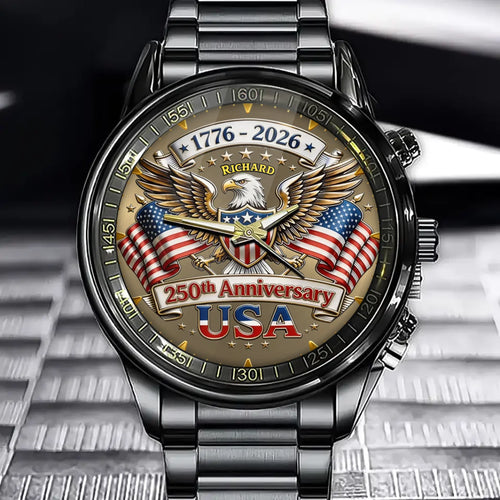 Personalized Patriotic 250 Anniversary Style Watch - Custom Name Eagle & Flags Crest