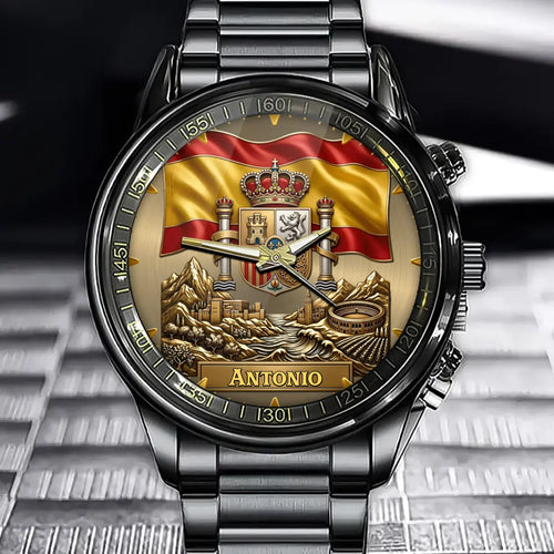 Personalized Spain Heritage Watch – Custom Name With Spanish Flag and Royal Crest