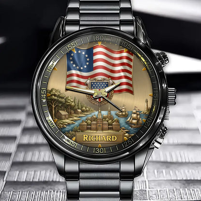 Personalized USA Heritage Watch – Custom Name With Flag and Crest