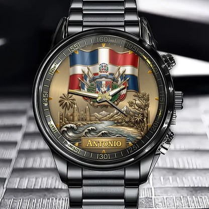 Personalized Dominican Republic Heritage Watch – Custom Name With Flag and Crest
