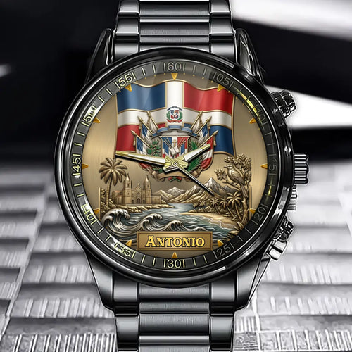 Personalized Dominican Republic Heritage Watch – Custom Name With Flag and Crest