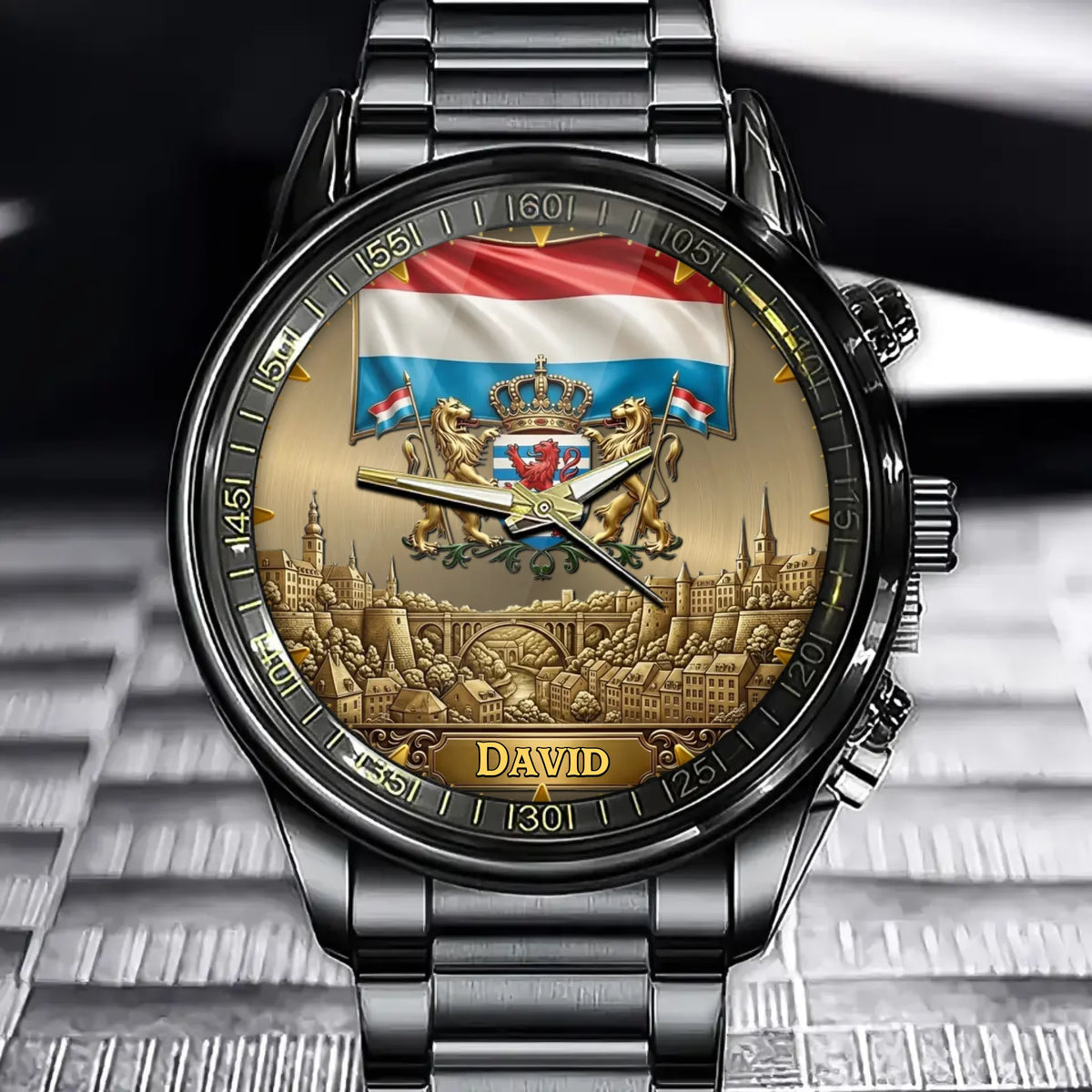 Personalized Luxembourg Heritage Watch – Custom Name With Flag and Crest