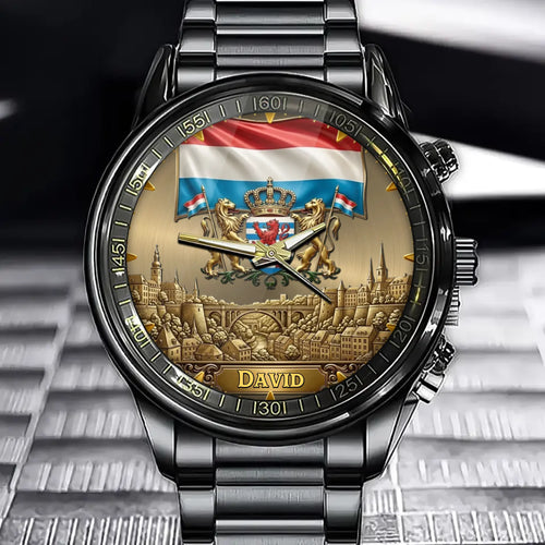 Personalized Luxembourg Heritage Watch – Custom Name With Flag and Crest