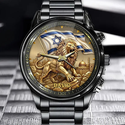 Personalized Israel Lion of Judah Watch – Custom Engraved Name Jerusalem Landmark & Flag Design