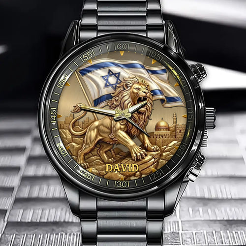 Personalized Israel Lion of Judah Watch – Custom Engraved Name Jerusalem Landmark & Flag Design