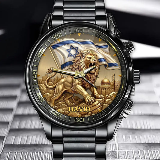 Personalized Israel Lion of Judah Watch – Custom Engraved Name Jerusalem Landmark & Flag Design