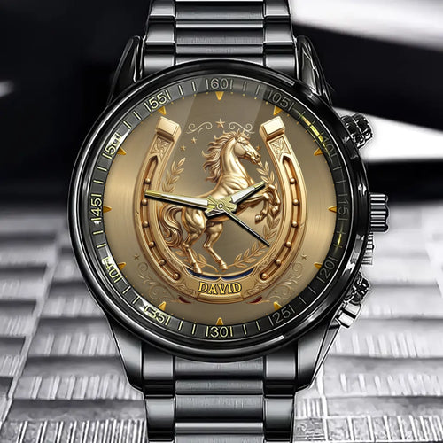 Personalized Golden Stallion Watch - Custom Name Luxury Timepiece for Horse Lovers