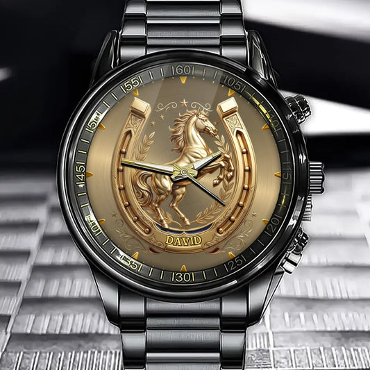 Personalized Golden Stallion Watch - Custom Name Luxury Timepiece for Horse Lovers