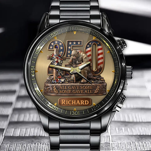 Personalized Veteran Tribute Watch – Custom Name With Memorial Scene and Flag