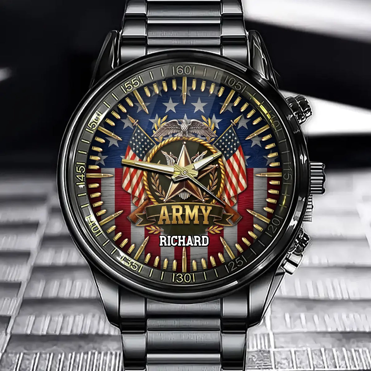 Personalized Military Tribute Watch – Custom Name Dial, Patriotic Eagle Design