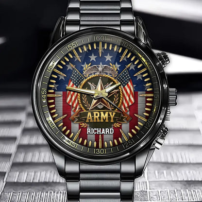 Personalized Military Tribute Watch – Custom Name Dial, Patriotic Eagle Design