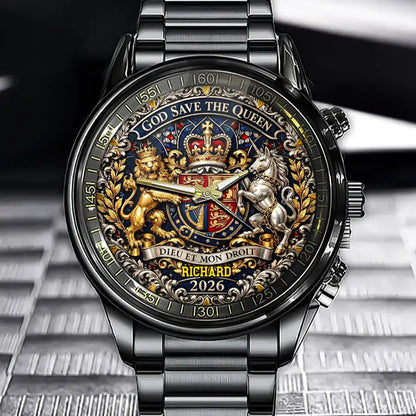 Personalized Royal Coat Of Arms Watch – Custom Engraved Name With British Heritage Desig