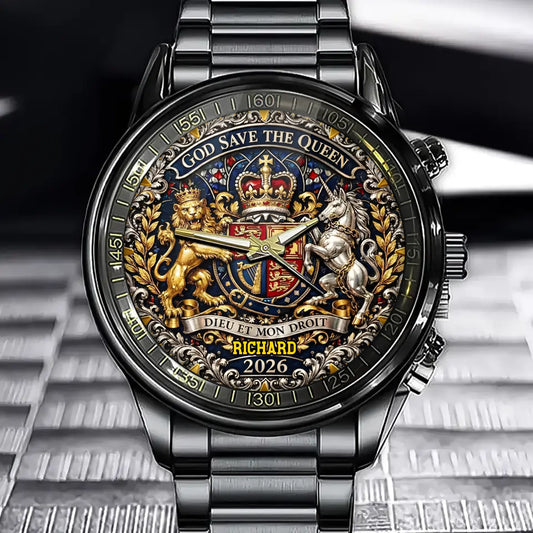 Personalized Royal Coat Of Arms Watch – Custom Engraved Name With British Heritage Desig