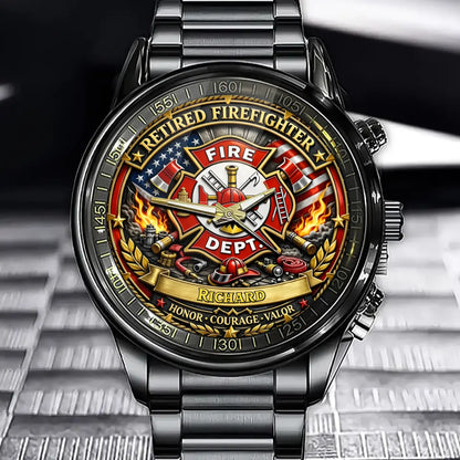 Personalized Retired Firefighter Watch- Custom Name Engraved Patriotic Design With Us Flag
